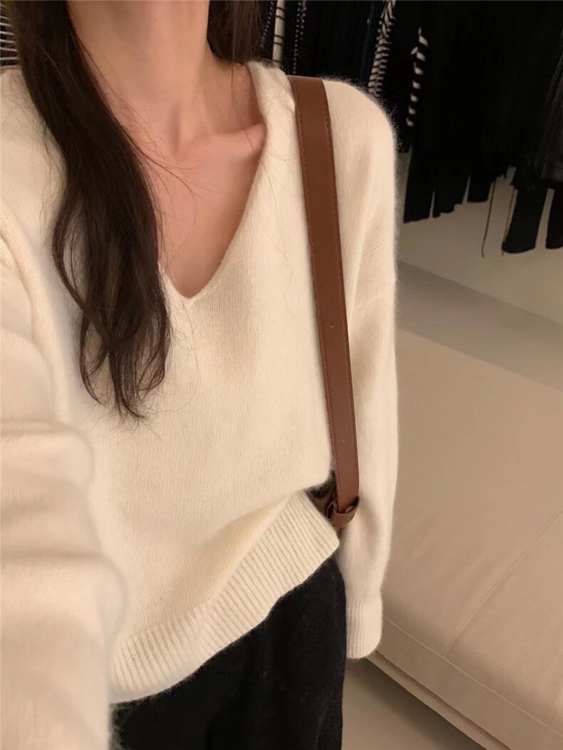 秋冬纯色V领长袖羊毛针织衫女韩版宽松针织衫，女装羊毛衫，恩泰羊绒