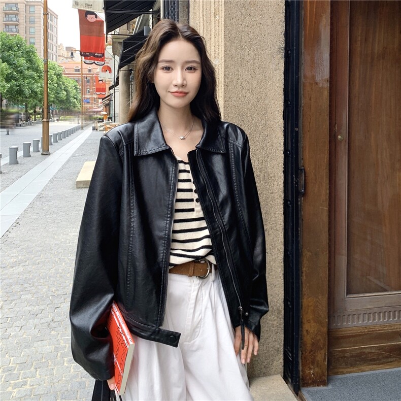 休闲复古翻领黑色皮衣外套女春秋2025新款漂亮PU夹克韩里韩气甜美,女装皮衣,2C261