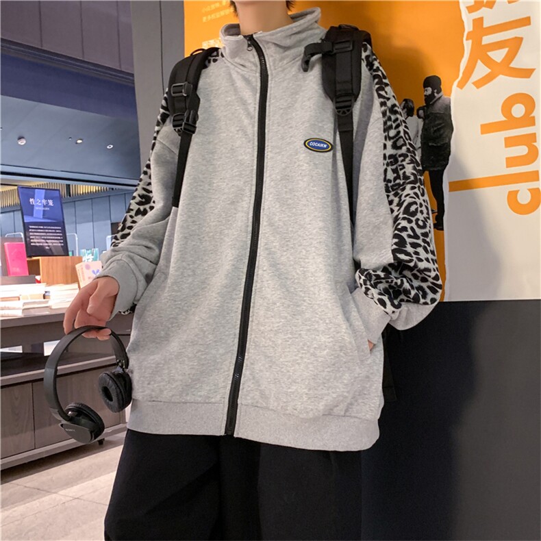 韩版潮时尚休闲豹纹拼接外套2023秋装新款夹克男A161-JK8950-P40图片