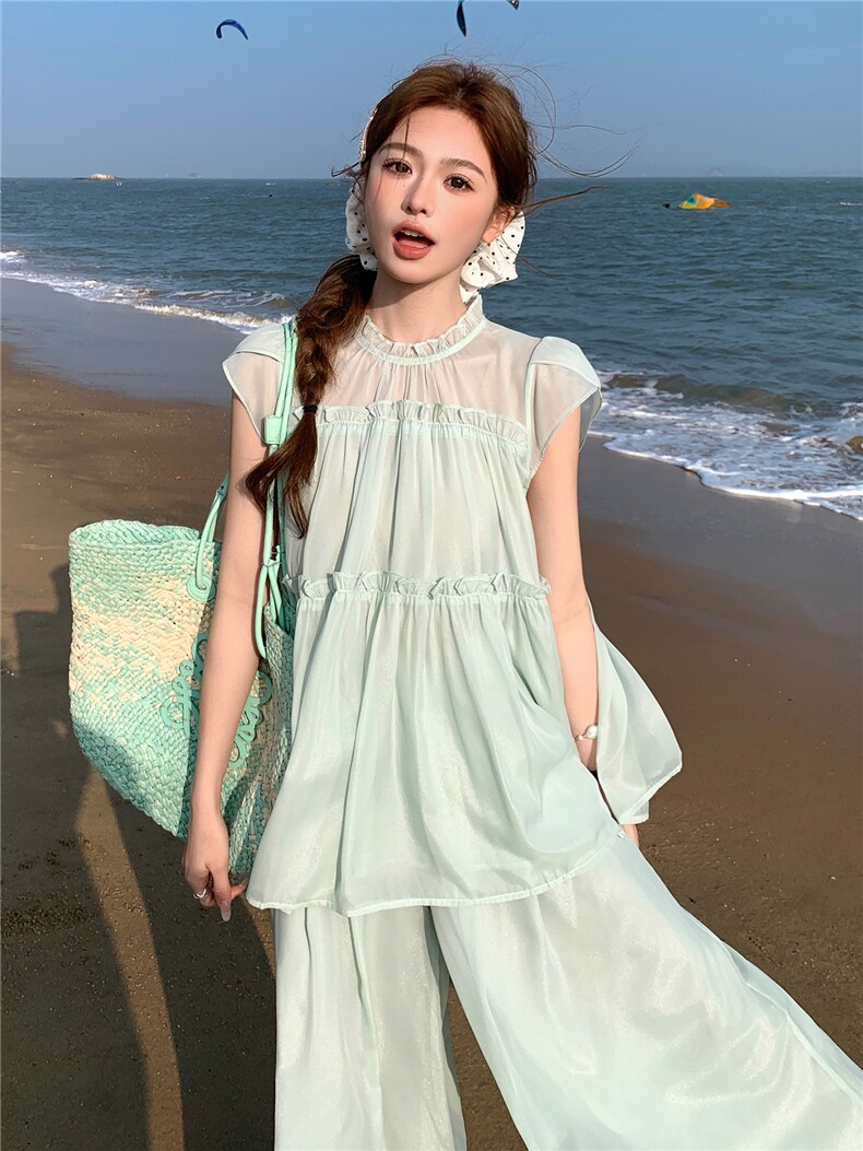 水衣源2729款纯色木耳边荷叶袖A字小衫阔腿裤冰爽套装女夏,女装套装/套裙,衣秀之家