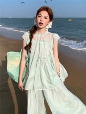 水衣源2729款纯色木耳边荷叶袖A字小衫阔腿裤冰爽套装女夏，女装套装/套裙，水衣源