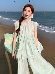 水衣源2729款纯色木耳边荷叶袖A字小衫阔腿裤冰爽套装女夏图片