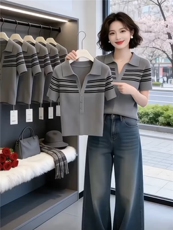 条纹撞色polo针织短袖t恤女夏季设计感弹力短款上衣，商品下架区，乐蒂丝