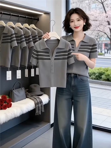条纹撞色polo针织短袖t恤女夏季设计感弹力短款上衣图片
