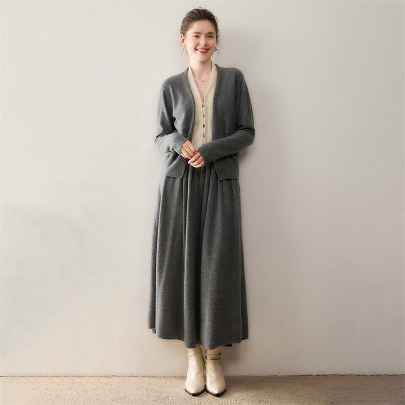 气质显瘦山羊绒开衫半身裙女假两件套装气质外套2025秋冬新羊毛衫,女装套装/套裙,溪贝羊绒