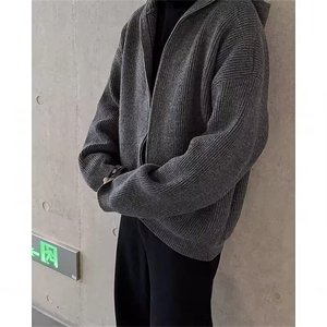灰色连帽拉链毛衣男开衫秋冬季cleanfit慵懒风休闲复古针织衫图片