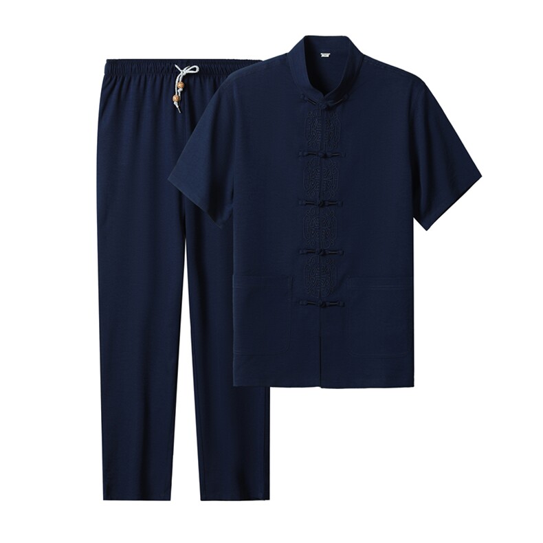 风夏季新款中老年男士短袖唐装太极服中式刺绣立领休闲套装，男装中老年男装，钱塘723