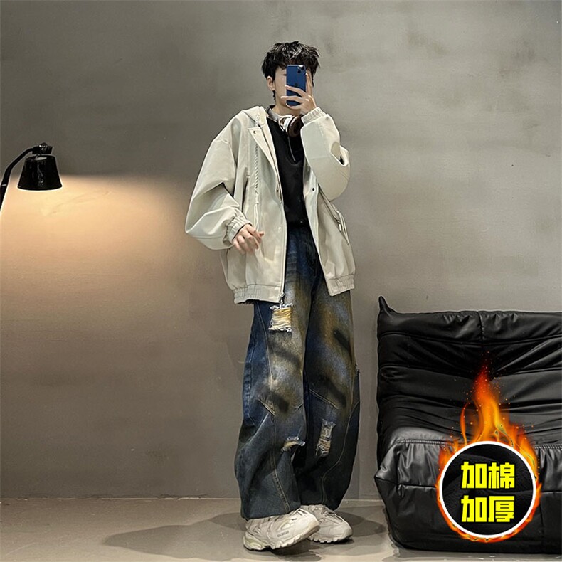 现货高品质美式高街重磅座山雕连帽pu皮棉衣男女加厚毛毛绒冬外套，男装皮衣，电商A443