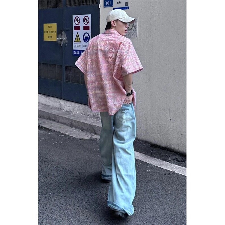 美式泡泡纱短袖T恤衬衫男女夏季情侣薄款设计感半袖宽松速干外套图片