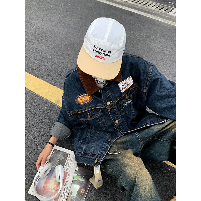 秋季新款港风日系贴布刺绣复古水洗拼接翻领牛仔夹克JK1286-P78,男装夹克,星座313A(原308A-2)