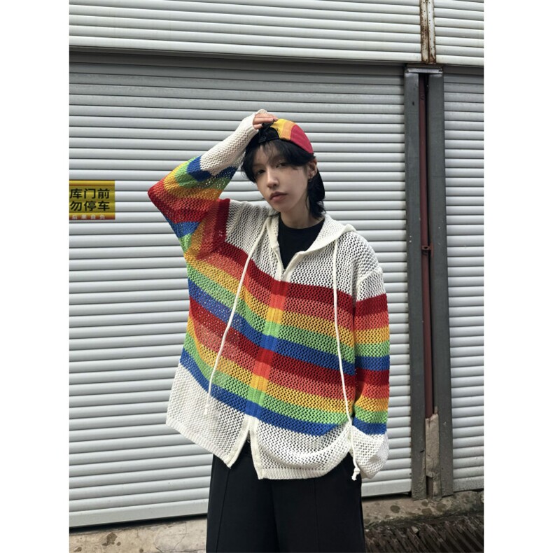 【有货】彩虹镂空连帽针织开衫男女罩衫情侣衬衫外套2401CC-特P48,男装衬衫,星座1007（原301D）