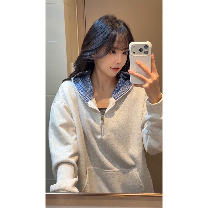 舒适通勤简约时尚外套学院清新格子帽半拉链卫衣HY922TP48控89，女装短外套，电商A102B