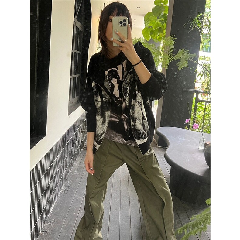 美式复古黑白人物针织连帽卫衣女2025新款秋冬慵懒风拉链开衫外套,女装短外套,星座506A