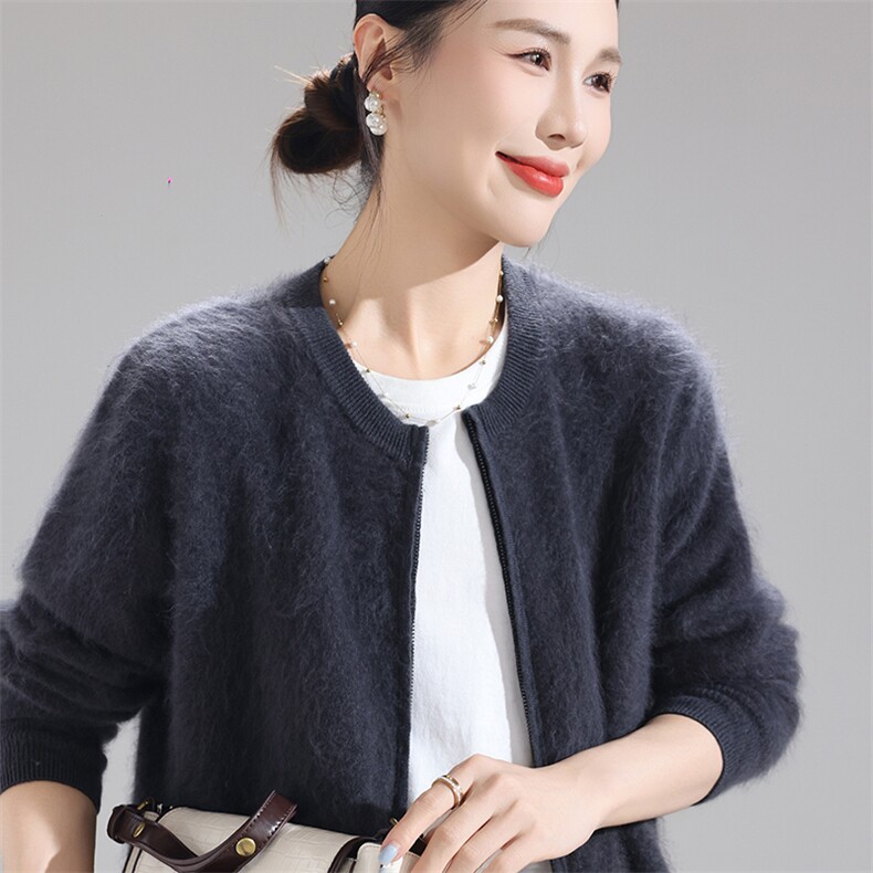 轻盈保暖拉绒100%纯羊毛开衫女2025秋冬拉链毛衣外套宽松针织衫,女装羊毛衫,暮绒羊羊绒