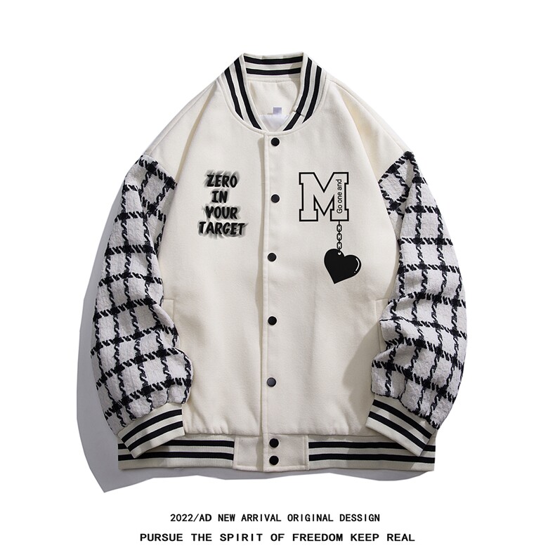 白底22秋冬新款模糊字母印花拼接棒球服情侣夹克外套G706P95控128图片