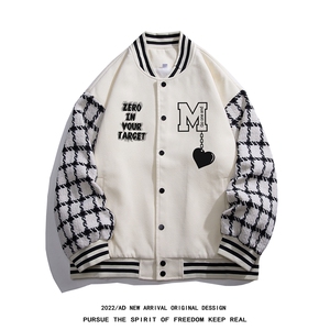 白底22秋冬新款模糊字母印花拼接棒球服情侣夹克外套G706P95控128图片