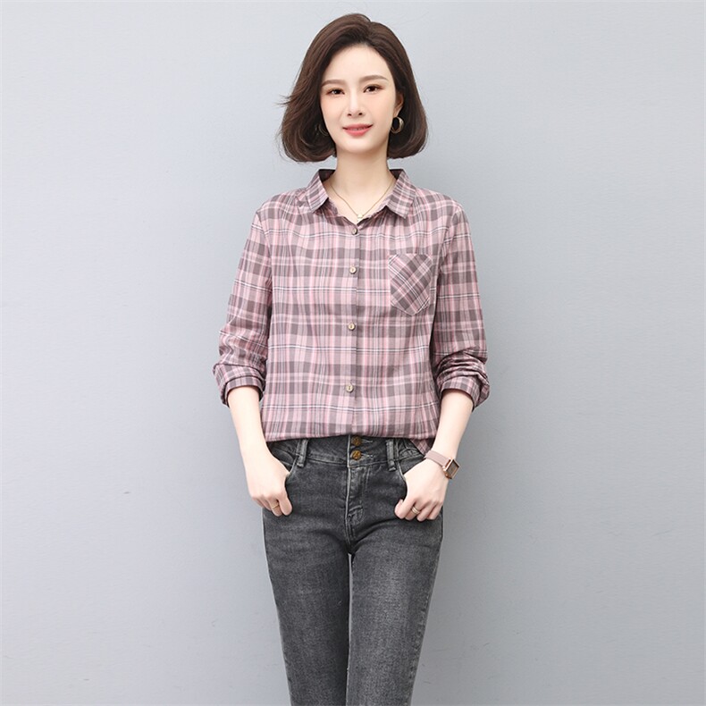 纯棉格子衬衣女款2025新款春秋中老年女士衬衫妈妈长袖上衣,女装衬衫,独衣靓