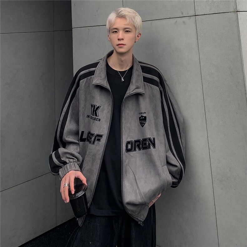 美式条纹鹿皮绒立领夹克宽松休闲拉链外套男JK108-P78图片