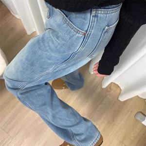 加绒牛仔裤女秋冬季窄版高腰显瘦直筒宽松浅蓝色梨型身材阔腿裤子图片