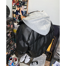 405A美式高街个性连帽设计假两件pu皮棉服MY24920-P158控188，男装棉衣，星座405A