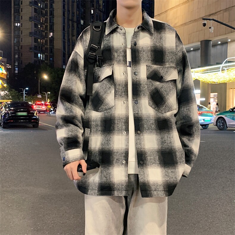 现货港风毛呢夹克男宽松格子呢子大衣外套DSA157B-J239-特P80,男装夹克,电商A157B