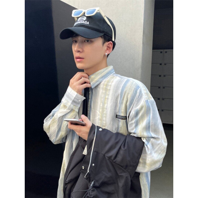 Q20/P46亚麻薄款条纹小众质感衬衫春夏宽松男女ins衬衣外套,男装衬衫,星座1506