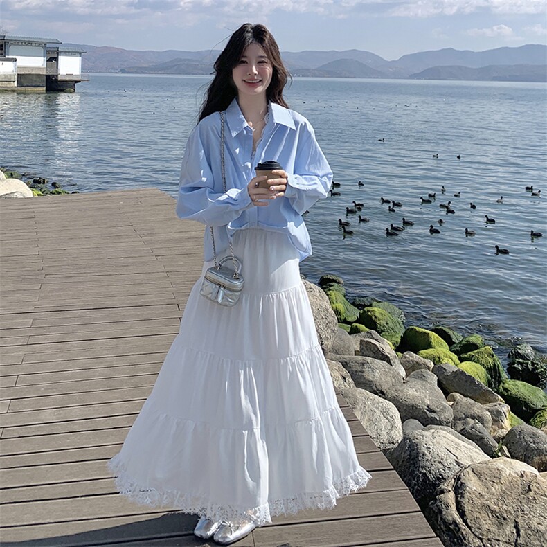 小清新蓝色衬衫半身裙套装女夏2025新款独特漂亮爆款高级感三件套,女装套装/套裙,2C088