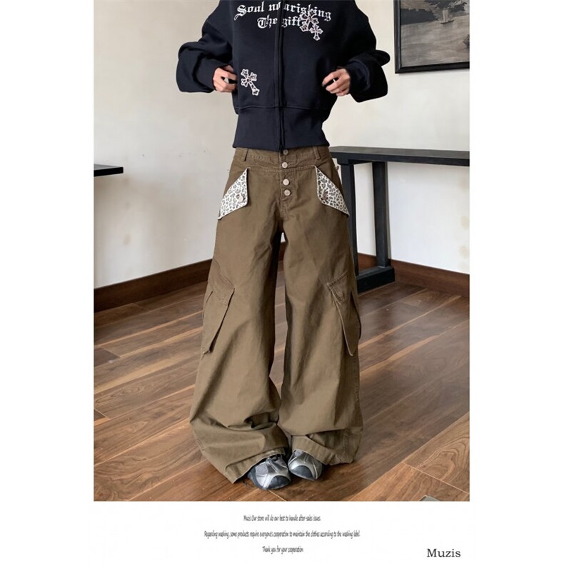 美式复古豹纹拼接多口袋牛仔裤男女cleanfit宽松工装裤情侣阔腿裤,男装牛仔裤,四季星座505