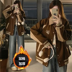 拼接PU皮美式复古刺绣棒球服外套女春秋韩版夹克上衣C490-P95图片
