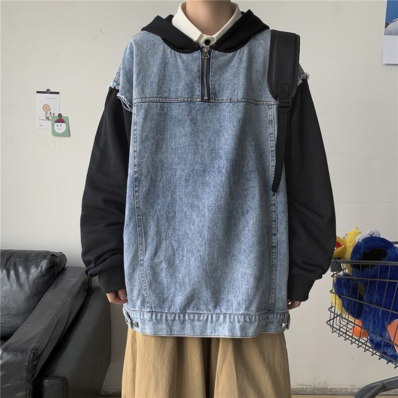 秋冬港风假两件卫衣拼牛仔连帽夹克外套休闲宽松情侣学生H201/P70,男装夹克,钱塘713