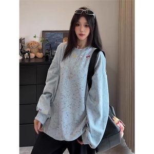 WY47-P39 百搭美式高街潮牌男女新款秋季套头扎染刺绣情侣款长袖图片