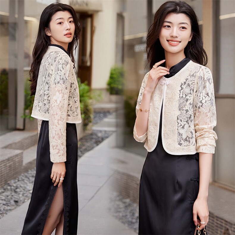旗袍外搭小披肩长袖蕾丝镂空开衫薄款外套春秋夏季配吊带裙子外搭，女装短外套，婵米儿
