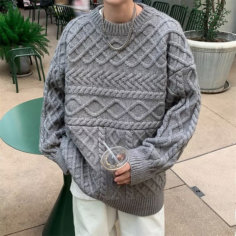 慵懒风毛衣男秋冬新款粗线麻花加厚圆领菱格套头宽松毛线针织衫潮图片