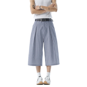 夏季松弛感美式格子休闲裤宽松阔腿七分裤中裤男女潮流YD706-P50图片