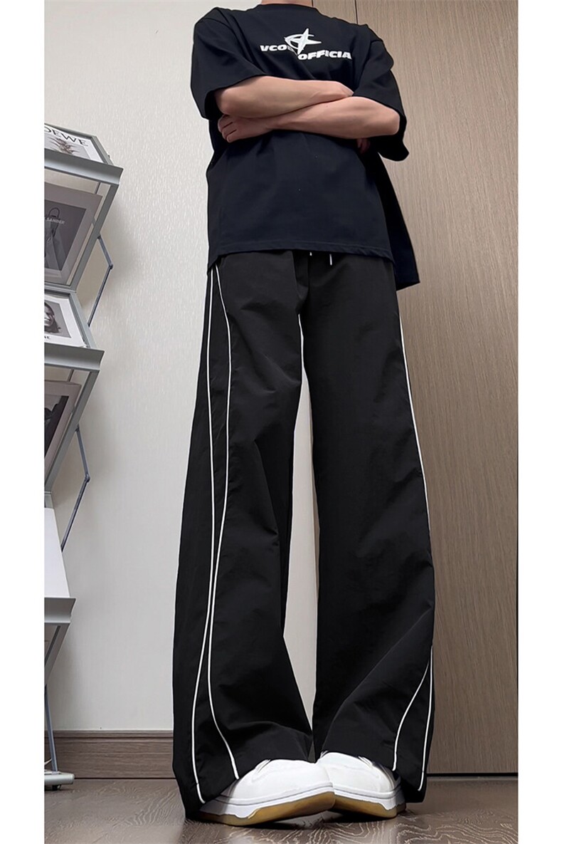黑色条纹速干休闲裤男夏季潮牌复古直筒长裤子户外运动凉感微喇裤,男装休闲裤,电商A102B