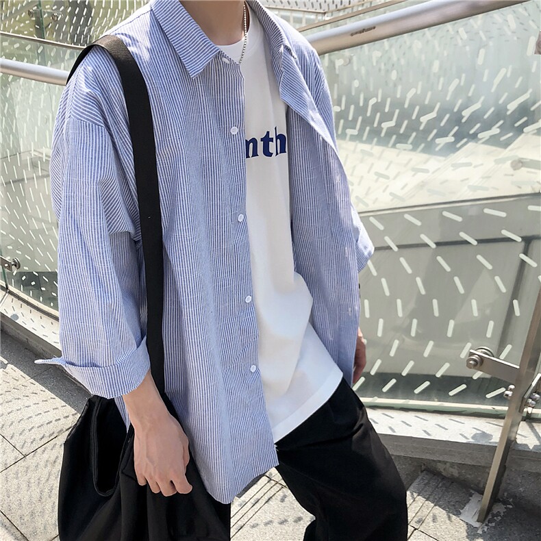2026夏装新款条纹绣标短袖五分袖衬衫潮男衬衣CS8090/P40蓝色,男装T恤,电商A094