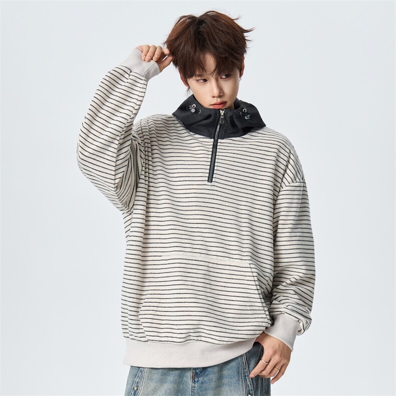 假两件条纹半拉链连帽卫衣春季宽松休闲百搭上衣XZ309W8012P60,男装卫衣,星座309（原A406）