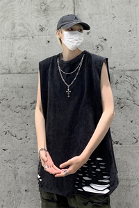 背心/马甲/坎肩 夏季圆领下摆破洞 无袖纯色T恤 B239-1237-P45图片