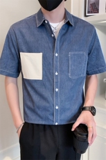 2025新款夏季牛仔衬衫男士短袖潮牌工装男士衬衣A313-1-W515-P58，男装T恤，电商A313-1