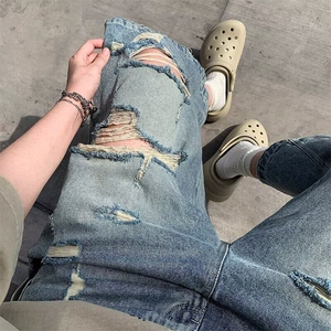 破洞阔腿牛仔七分裤男女韩版潮流2025夏季ins休闲短裤RK2902-P42图片