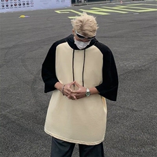 连帽短袖T恤男士夏季宽松潮牌五分袖插肩撞色百搭上衣服，男装T恤，星座410-7