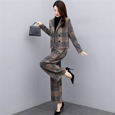 2024新款女装冬两件套裤大码格子毛呢外套阔腿裤休闲时尚套装女潮,女装套装/套裙,香莘料