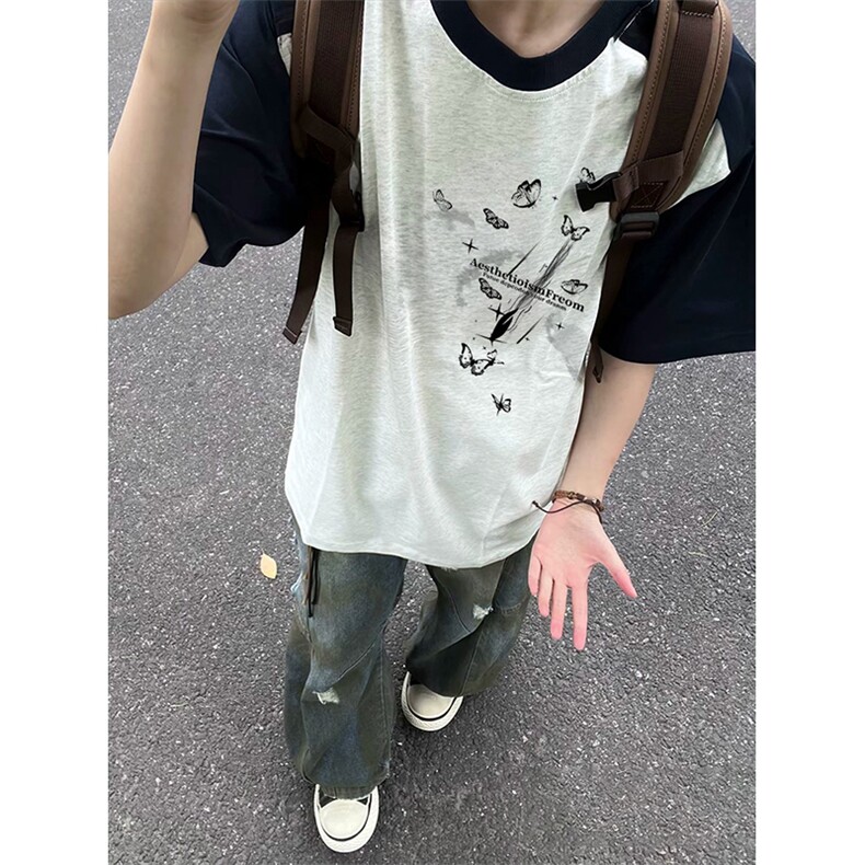 抖音得物高品质二开240克宽松纯棉美式潮牌插肩袖拼接短袖T恤图片