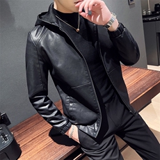2023秋冬皮衣夹克修身连帽PU皮衣外套男py5609-p88加绒p98，男装皮衣，电商D303