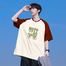 抖音得物高品质二开240克宽松纯棉美式潮牌插肩袖拼接短袖T恤，男装T恤，电商A486