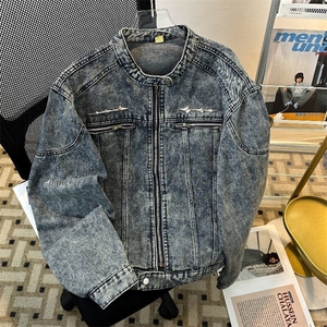 美式复古做旧水洗垫肩短款拼接潮牌设计感无领夹克男JK8348-P78图片