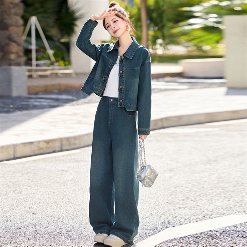 新中式牛仔套装女2025春新款超好看独特漂亮超火减龄阔腿裤两件套,女装套装/套裙,欣品汇