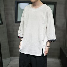 2025夏季新款风棉麻唐装短袖体恤男七分袖QT6008-1/T063/P60，男装T恤，电商A008