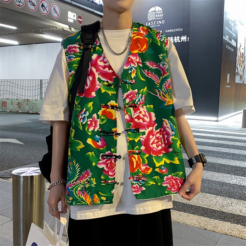 秋新东北大花布马甲修身背心马甲坎肩盘扣演出服男女大码外衣MJ02,男装背心/马甲,星座115A(原星座507）