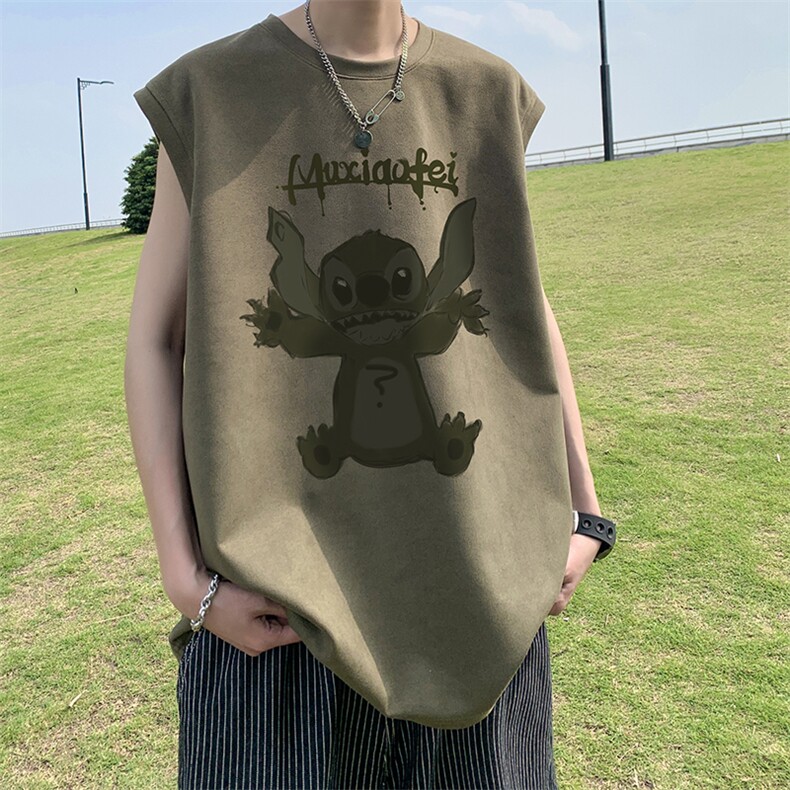 麂皮绒坎肩背心男夏季美式街头潮牌痞帅复古重磅宽松运动无袖t恤，男装背心/马甲，电商019-1